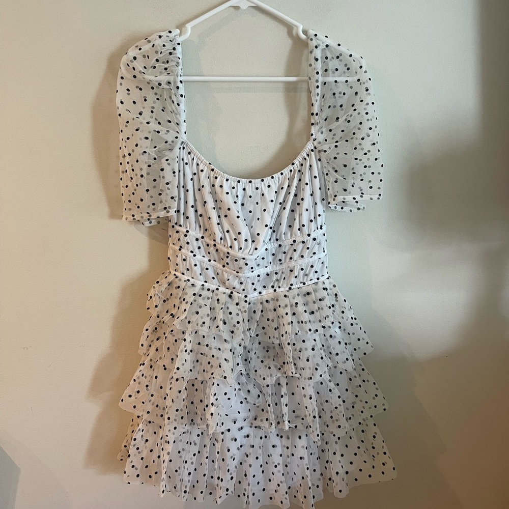 Vale Dress in White MAJORELLE small polka dot dress sheer sleeve ruffles - Picture 7 of 9